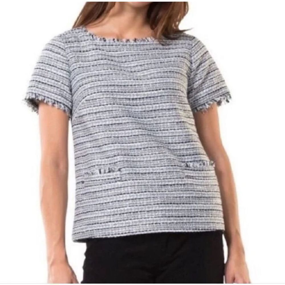 STS Sail to Sable Metallic‎ Silver Tweed Striped Fringe Top S